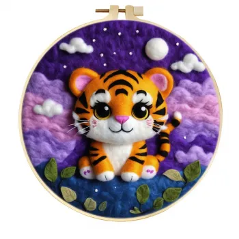Arte colgante de pared para guardería con diseño de cachorro de tigre, hecho a mano, de fieltro de lana y sonrisa de noche estrellada