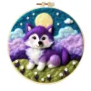 Arte colgante de pared para guardería con diseño de lobo violeta, prado de cielo estrellado y fieltro de lana hecho a mano