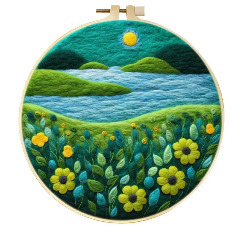 手工羊毛毡晴天向日葵湖岸风景墙饰