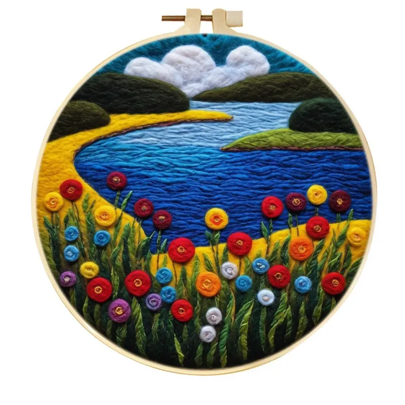 手工羊毛毡阳光湖岸罂粟花田壁挂装饰