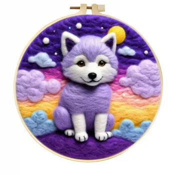 手工羊毛毡日落云紫色小狼崽墙饰