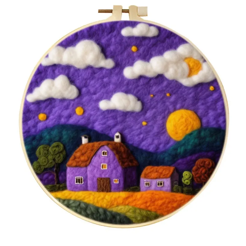 Décoration murale artisanale en feutre de laine, coucher de soleil violet, cottage, paysage champêtre