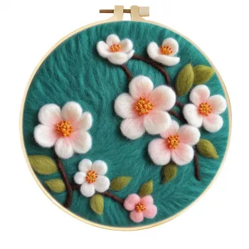 手工羊毛毡蓝绿色天空樱花盛开墙挂装饰