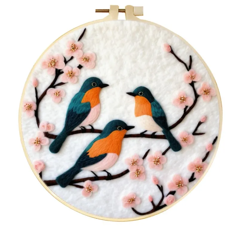 手工羊毛毡三朵花枝小鸟儿童房墙挂装饰