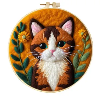 Handmade Wool Felt Warm Amber Calico Cat Wall Art Decor