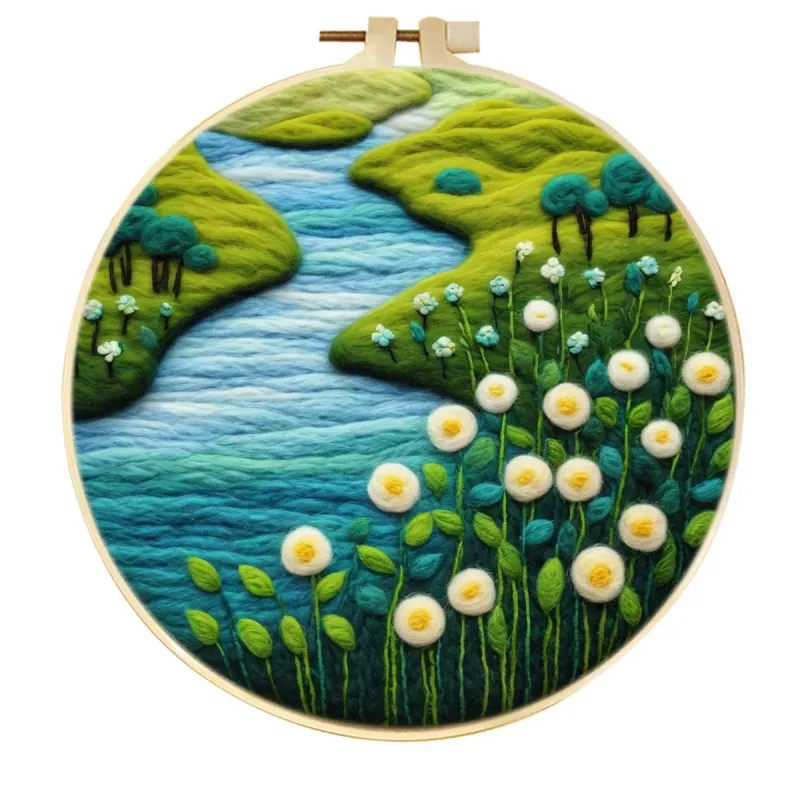 Handmade Wool Felt Winding River White Wildflower Valley Landscape Wall Hanging Decor