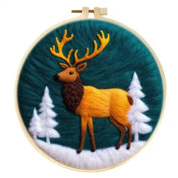 手工羊毛毡冬日松林金色雄鹿墙饰