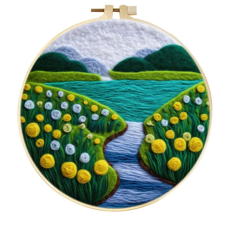 手工羊毛毡黄白花朵绿松石湖景墙面艺术装饰