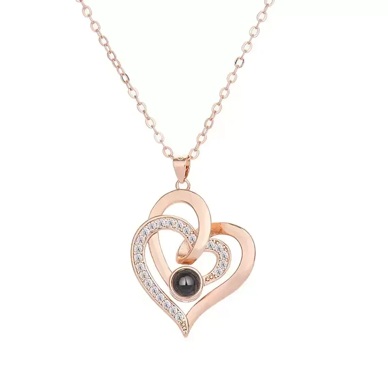 双爱心投影项链女照片文字定制原创设计小众高级感心形锁骨链女款