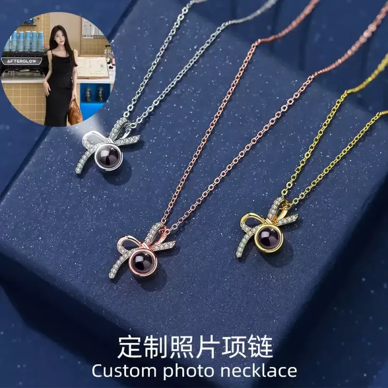 小众设计感蝴蝶结投影项链定制照片吊坠纯银轻奢高级感锁骨链刻字