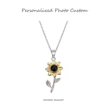 Personalized Sunflower Photo Projection Necklace - S925 Sterling Silver "You Are My Sunshine" Memorial Pendant
