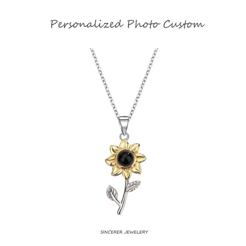 Personalized Sunflower Photo Projection Necklace - S925 Sterling Silver "You Are My Sunshine" Memorial Pendant