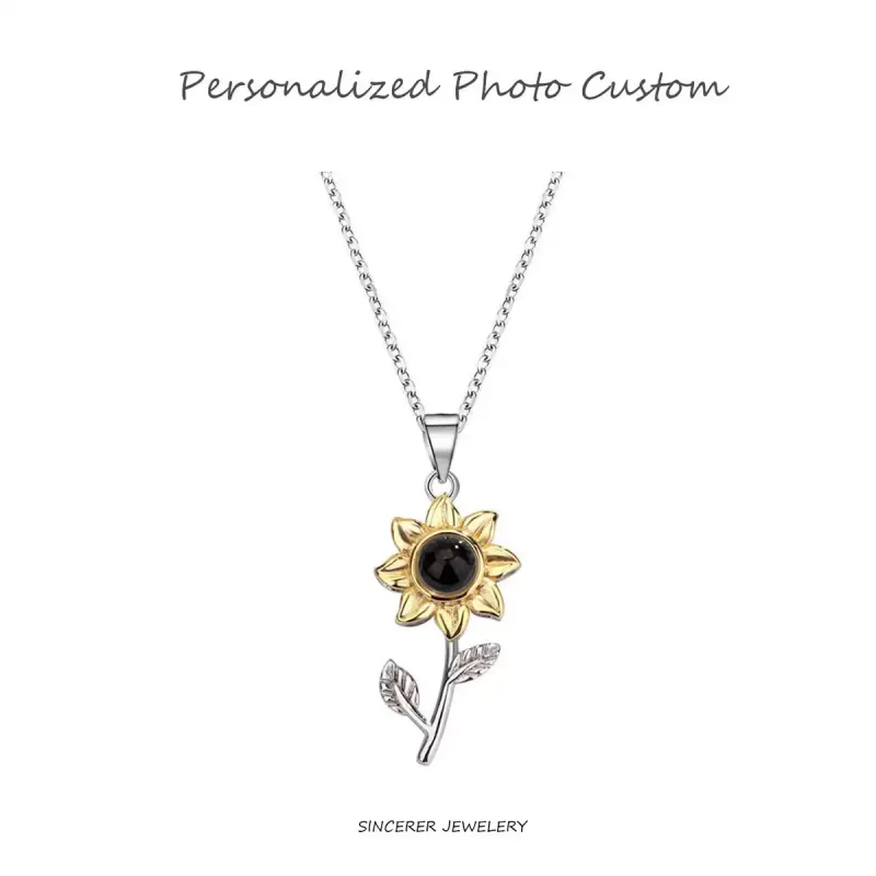 Personalized Sunflower Photo Projection Necklace - S925 Sterling Silver "You Are My Sunshine" Memorial Pendant