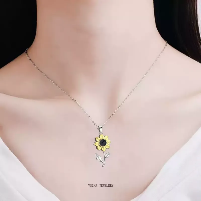 Personalized Sunflower Photo Projection Necklace - S925 Sterling Silver "You Are My Sunshine" Memorial Pendant