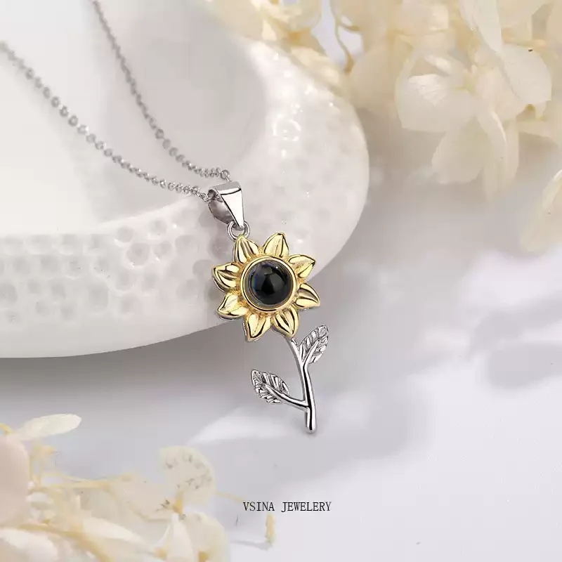 Personalized Sunflower Photo Projection Necklace - S925 Sterling Silver "You Are My Sunshine" Memorial Pendant