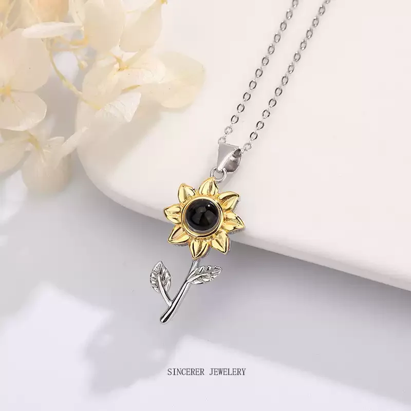 Personalized Sunflower Photo Projection Necklace - S925 Sterling Silver "You Are My Sunshine" Memorial Pendant