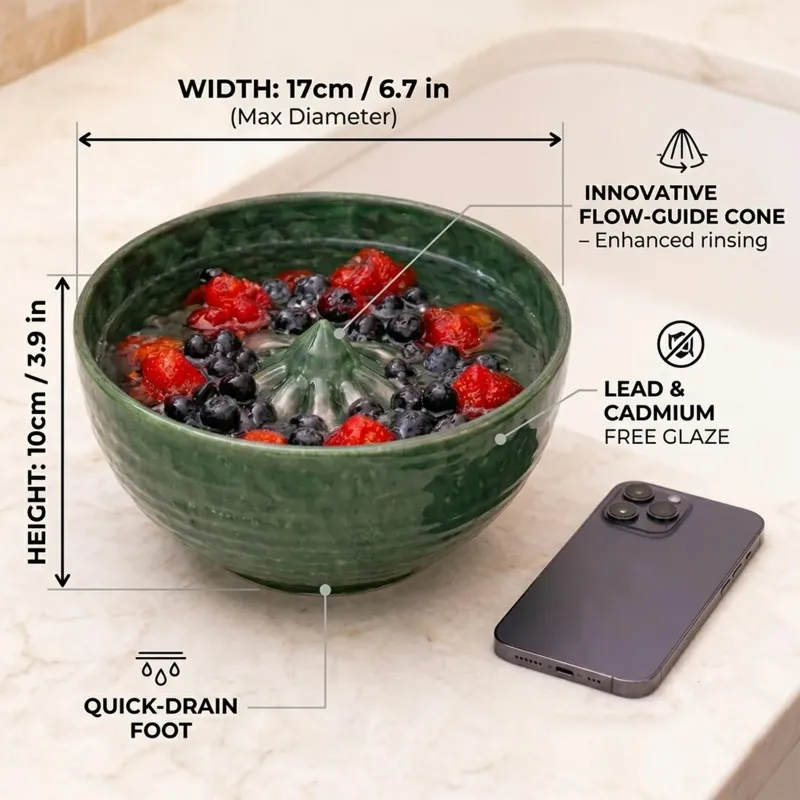 Bol de Lavage Rotatif pour Baies, Lave-fruits et Légumes en Céramique avec Égouttoir, Panier Passoire Rotatif Automatique pour Outil de Cuisine de Nettoyage Rapide