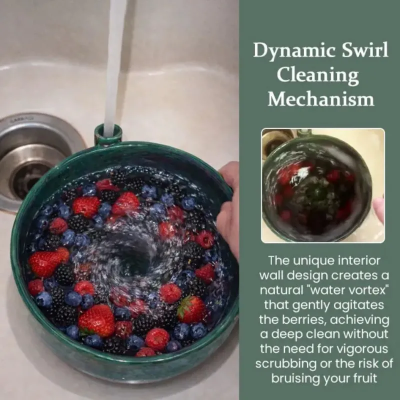 Bol de Lavage Rotatif pour Baies, Lave-fruits et Légumes en Céramique avec Égouttoir, Panier Passoire Rotatif Automatique pour Outil de Cuisine de Nettoyage Rapide