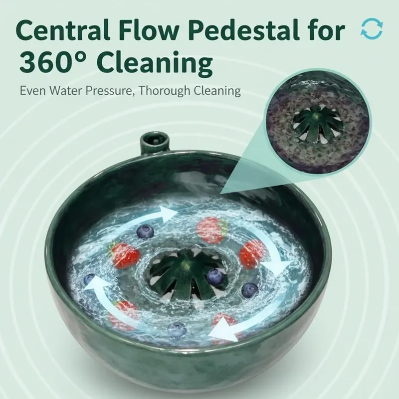 Bol de Lavage Rotatif pour Baies, Lave-fruits et Légumes en Céramique avec Égouttoir, Panier Passoire Rotatif Automatique pour Outil de Cuisine de Nettoyage Rapide