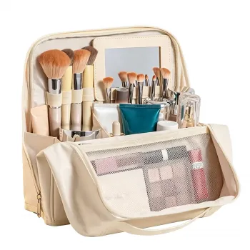 Travel Makeup Organizer Bag with Detachable Mirror & Adjustable Dividers