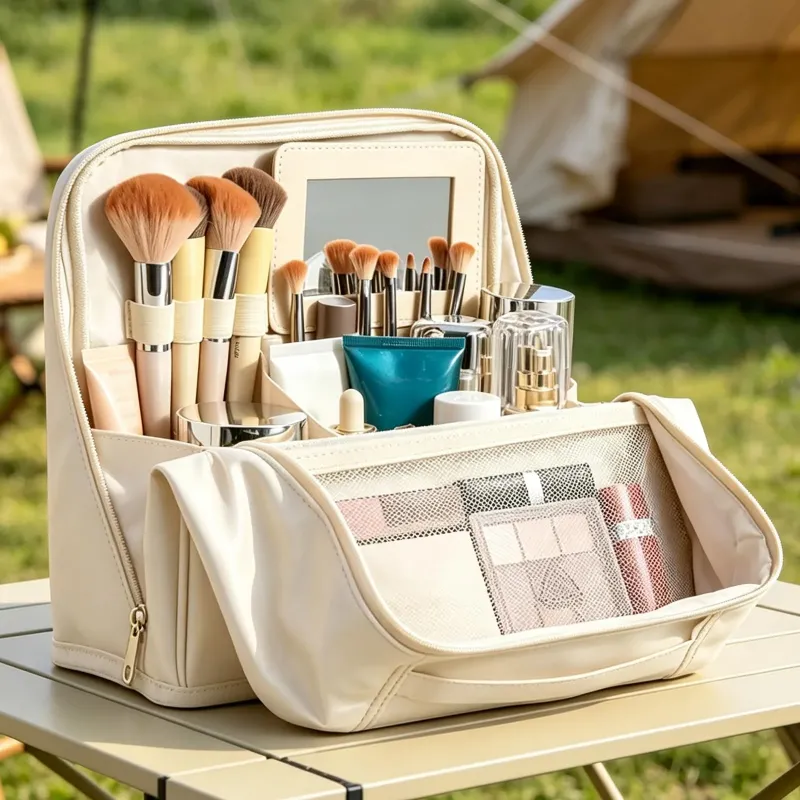Travel Makeup Organizer Bag with Detachable Mirror & Adjustable Dividers