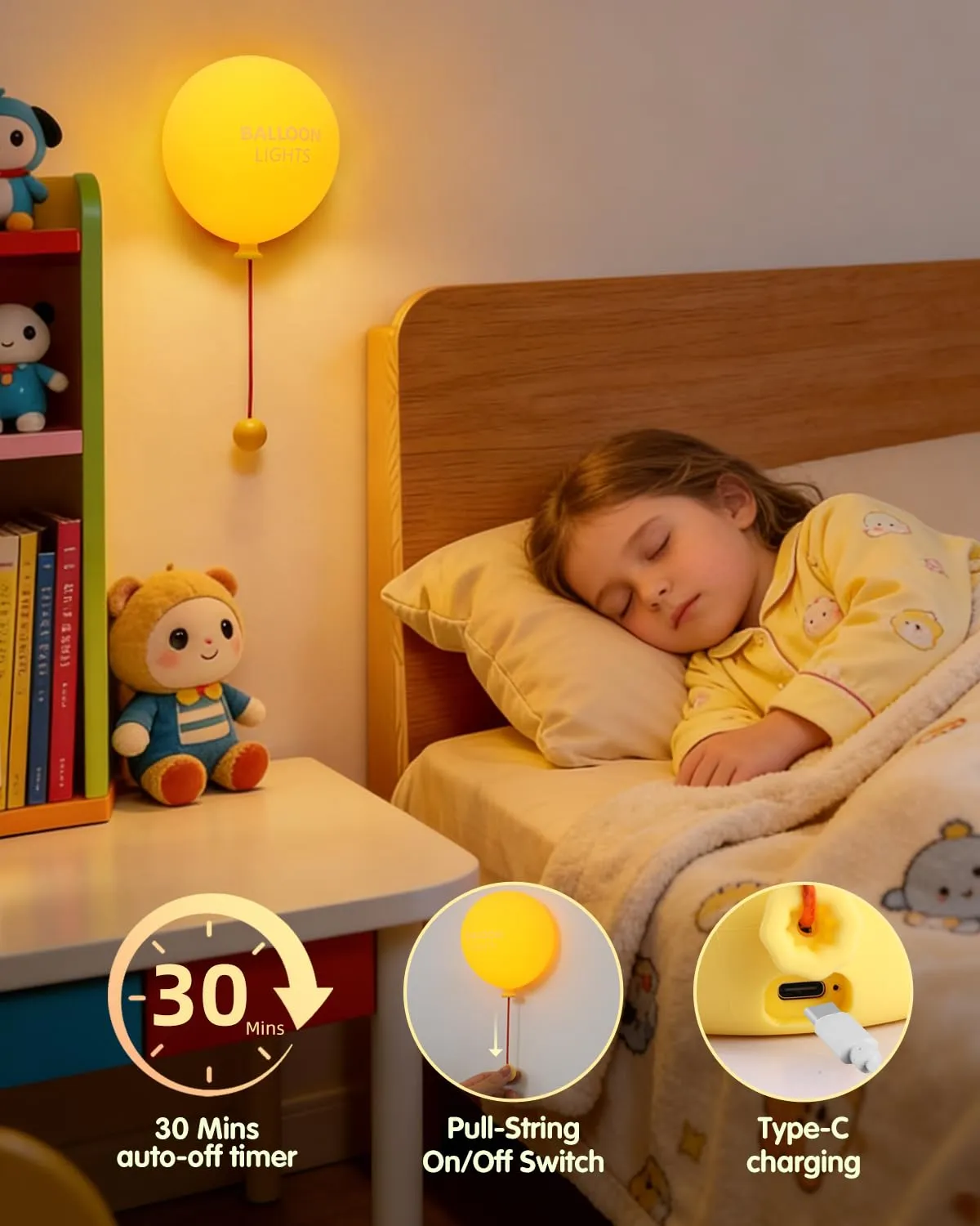 Warm balloon wall night light beside a child’s bed
